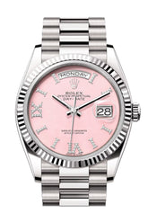 Rolex Day-Date 36 Pink Opal Diamond Dial Fluted Bezel White Gold President Watch 128239